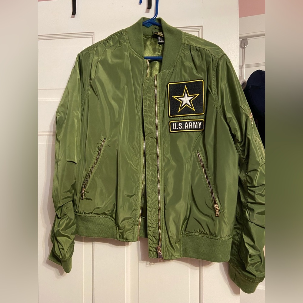 Olive green army jacket.